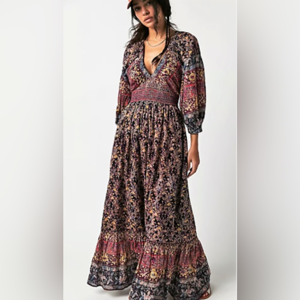 FREE PEOPLE 'Golden Hour' Border Maxi Dress -  Multi Red